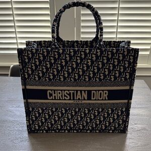 NWOT CD Book Tote, navy and cream, 13” H x 16” W x  6” D